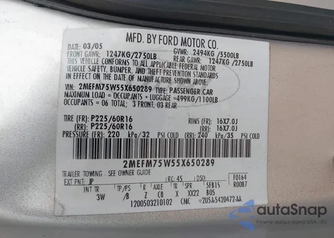 2005 Mercury Grand Marquis Ls/Lse from USA, damaged, VIN 2MEFM75W55X650289